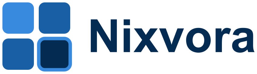 Nixvora logo with navy lettering